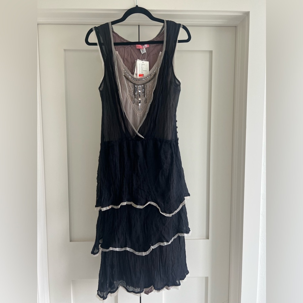 NWT Lux Black and Brown Embellished Midi Dress